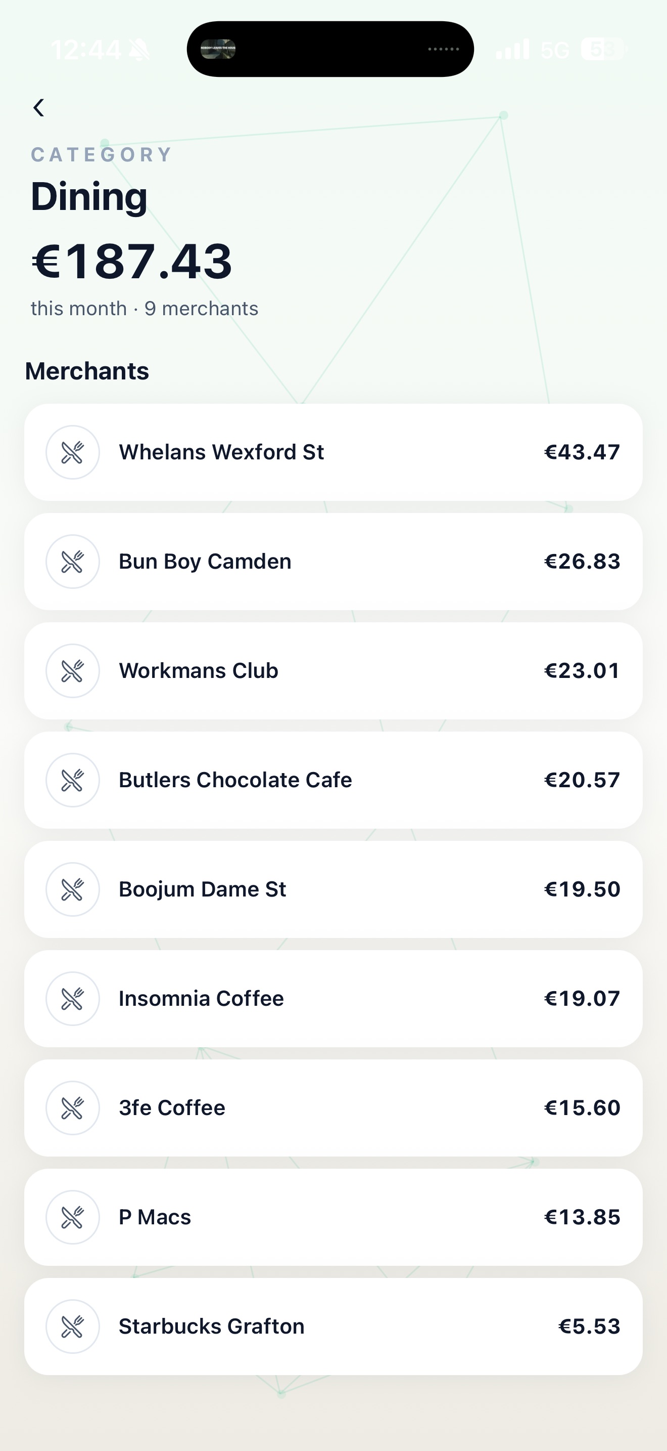Catcher category drill-down — Dining merchants ranked by spend