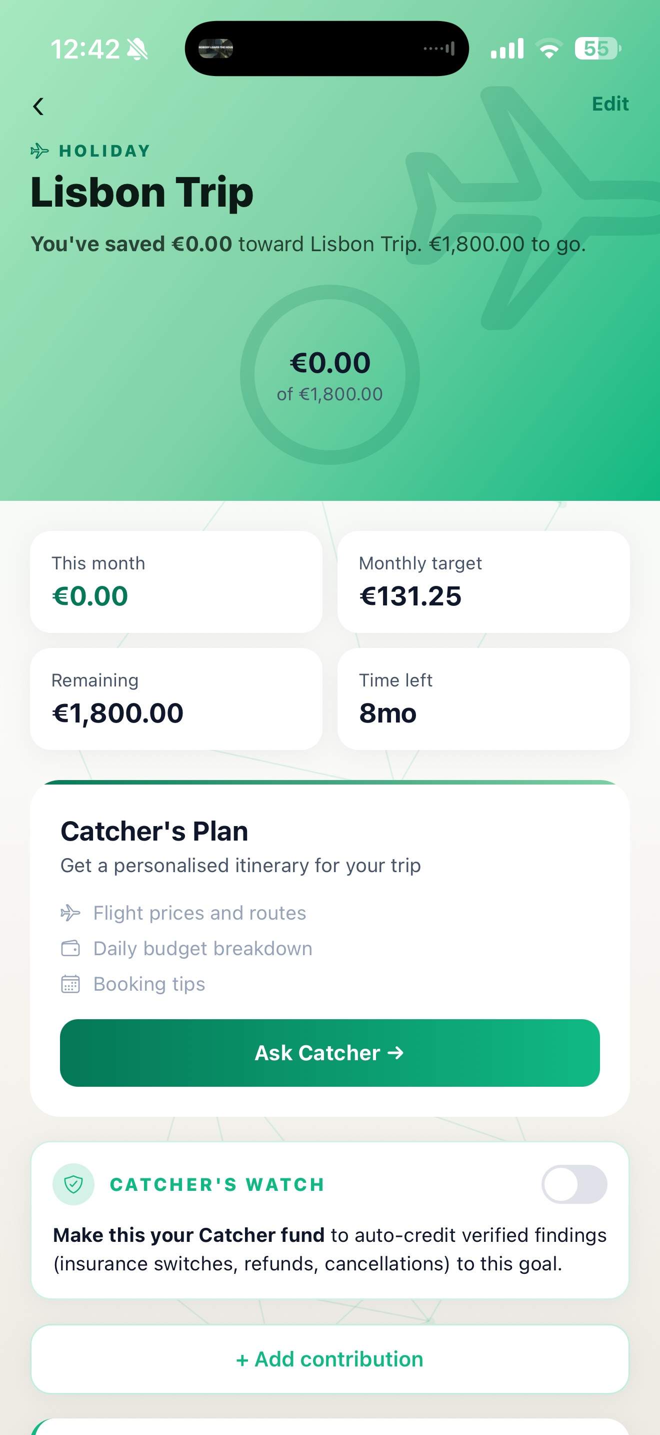 Catcher goal detail — Lisbon Trip with personalised AI plan and progress