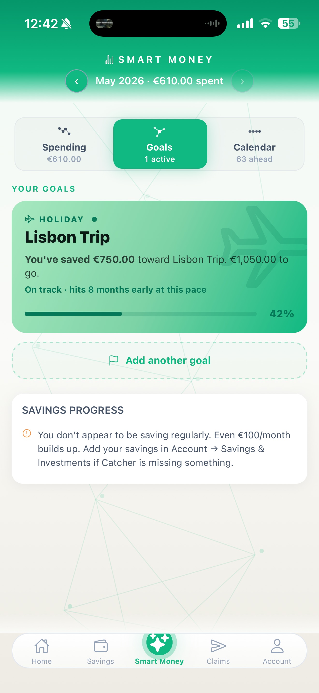 Catcher savings goals — Lisbon Trip progress