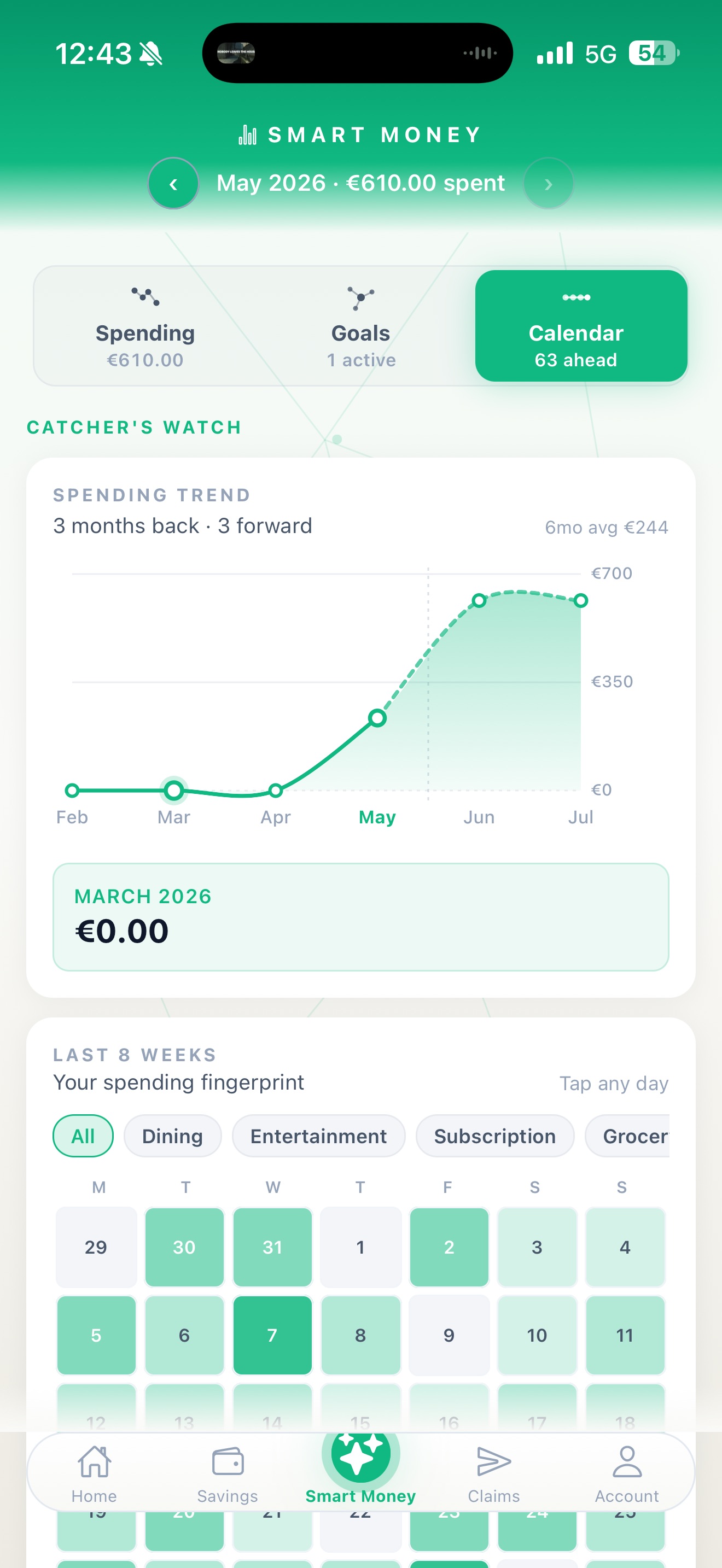 Catcher Money Calendar — spending trend chart and weekly fingerprint heatmap