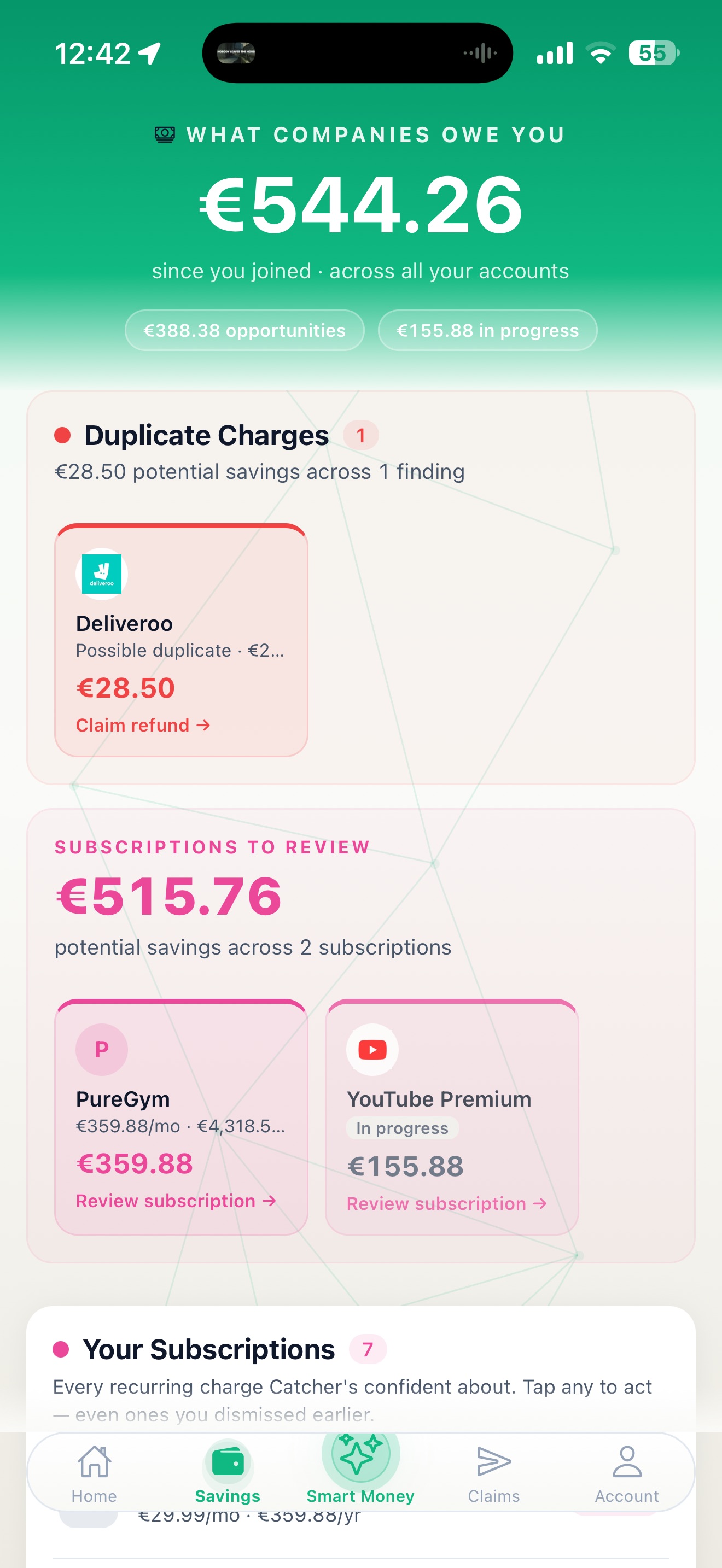 Catcher Savings — €544.26 owed back