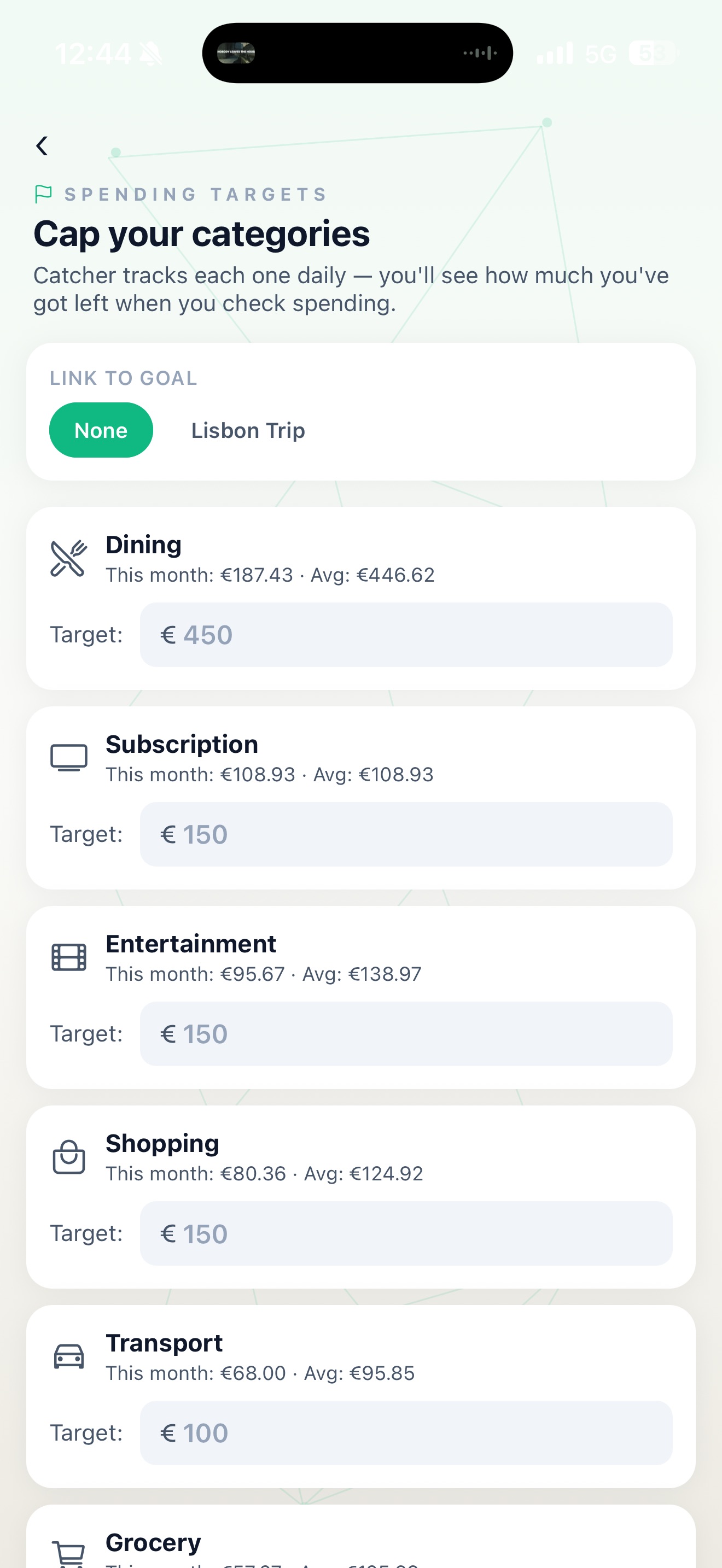 Catcher Spending Targets — cap your categories with monthly limits