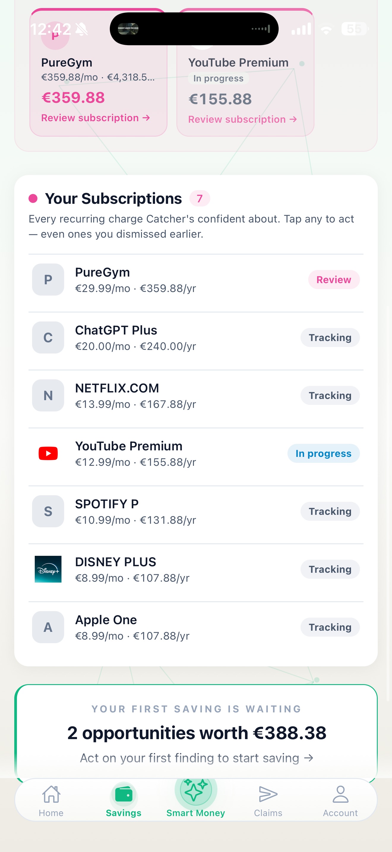 Catcher subscription inventory — every recurring charge with monthly and yearly cost