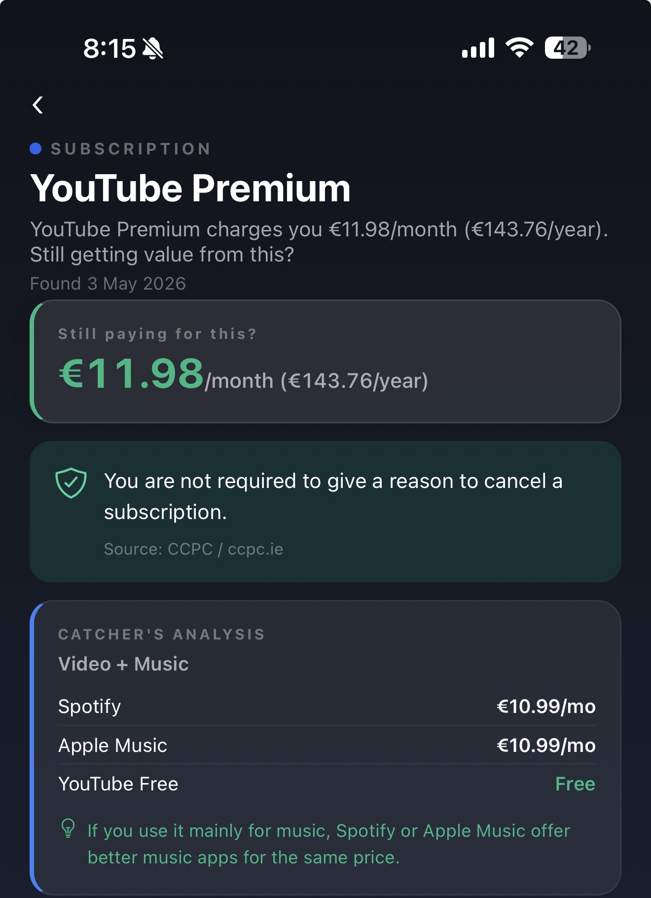 Catcher subscription review screen